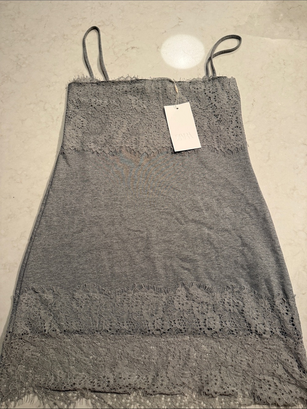 Zara Gray Lace-Trim Slip Dress with Spaghetti Straps - S - NWT